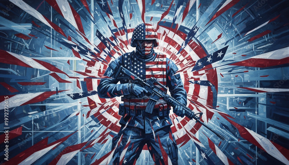 Obraz premium Soldier holding rifle in front of radiating American flag background. Patriotic art representing military service, national pride, Memorial Day, Veterans Day and Independence Day tribute.