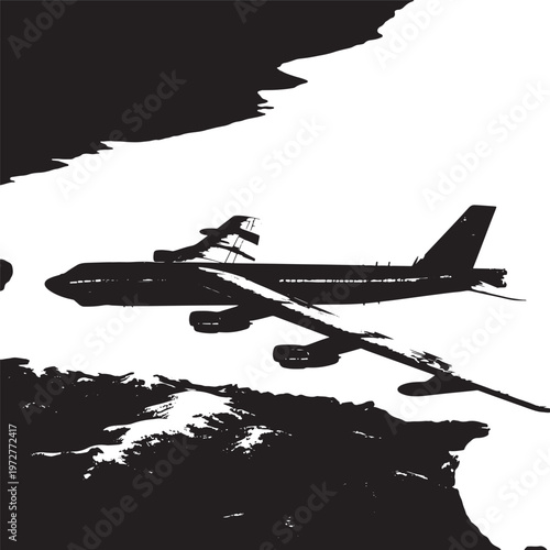 Silhouette of a large cargo airplane with four engines flying overhead with air force with four engine