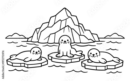 Cute cartoon seals relaxing on ice floes with iceberg background