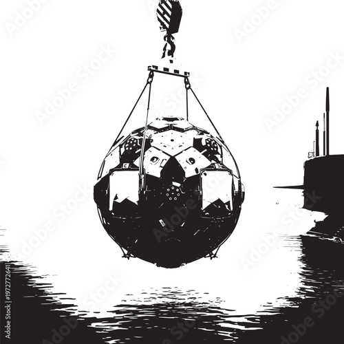 Industrial high contrast silhouette of a spherical naval mine being lifted by a crane over water with black and white with heavy duty