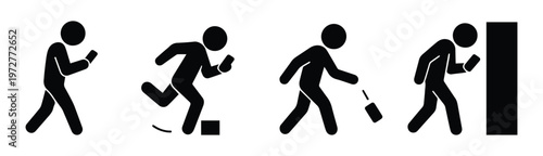 Set of stickman icons showing smartphone distraction: walking while texting, collision, tripping and dropping phone. Minimal flat vector safety illustration.