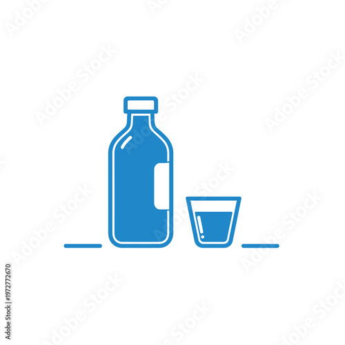 Blue vector of a bottle and a shot glass on a surface