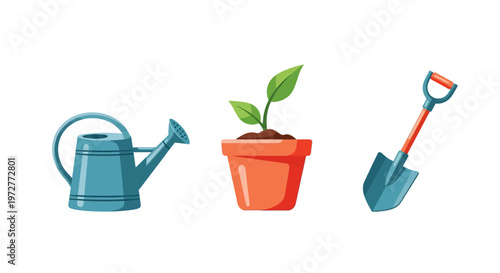 Gardening essentials: watering can, potted plant, and shovel icons