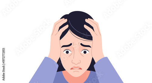 Worried woman holding head in anxiety, minimalist artistic style