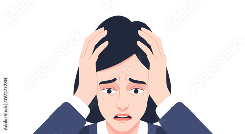 Stressed woman holding head in frustration on white background