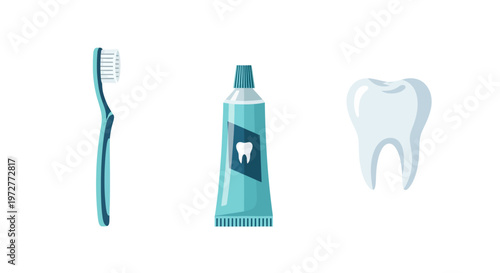Minimalist dental care concept with toothbrush, toothpaste, and tooth