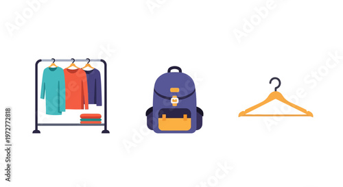 Colorful wardrobe elements: clothes rack, backpack, and hanger in flat style