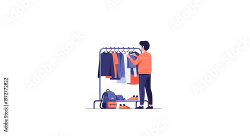 Man organizing clothes on rack in minimalist style with accessories in background