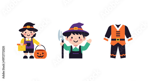 Colorful halloween costume set with cute children in festive outfits