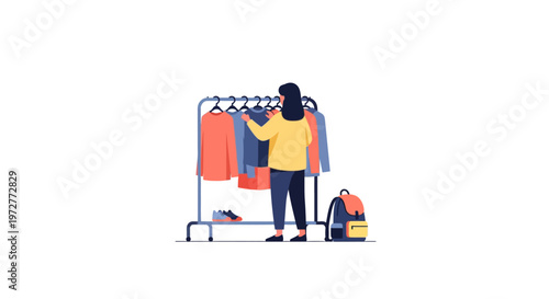 Woman shopping for clothes at minimalist store display with backpack