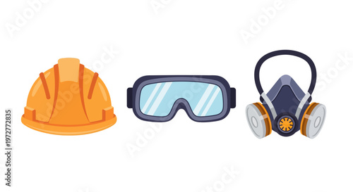 Safety equipment: helmet, goggles, and respirator in flat design