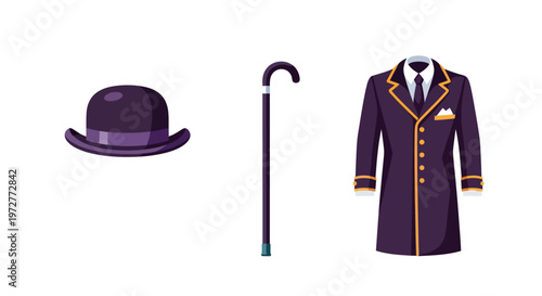 Classic outfit elements: bowler hat, cane, elegant coat with orange accents