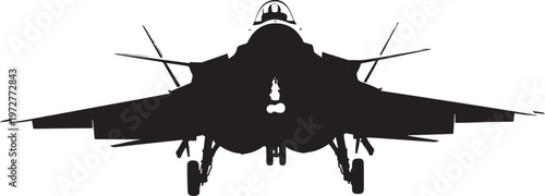 Front view silhouette of a fighter jet landing with undercarriage deployed on white background with landing gear with air force with jet engine with high contrast with black and white