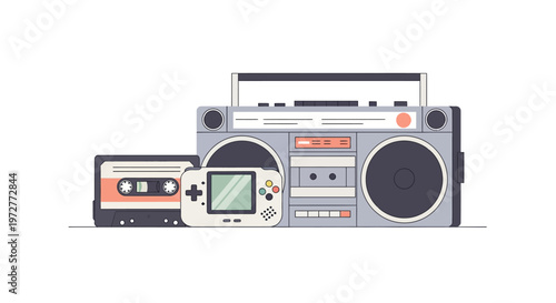 Retro technology: boombox, cassette tape, and handheld console in flat style