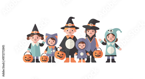 Cute cartoon children in halloween costumes with pumpkins