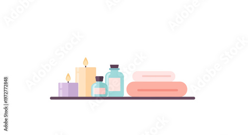 Minimalist spa set with aromatic candles, oils, and towels in pastel shades