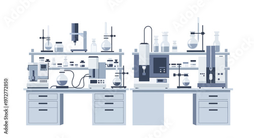 Modern flat design scientific laboratory setup with equipment and glassware