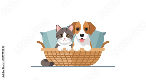 Adorable cat and dog sitting together in a cozy basket