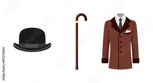 Classic gentleman attire with bowler hat, cane, and brown suit