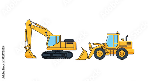 Construction equipment excavator and loader in flat style
