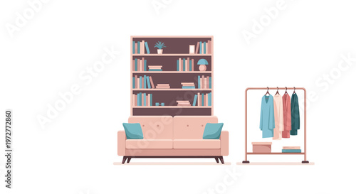 Modern minimalist living room with bookshelves and clothing rack