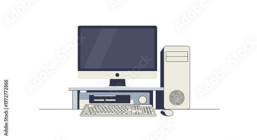 Minimalist desktop computer setup with monitor, tower, keyboard, mouse