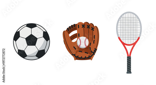 Icon set of soccer ball, baseball glove, and tennis racket for sports enthusiasts