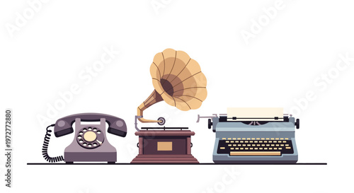 Retro communication devices: vintage telephone, gramophone, and typewriter in flat design