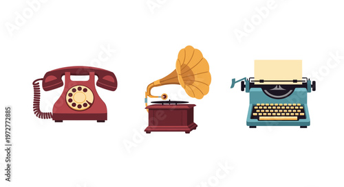 Retro devices: vintage telephone, gramophone, and typewriter icon set