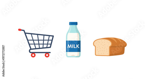 Grocery essentials: cart, milk, and bread icons