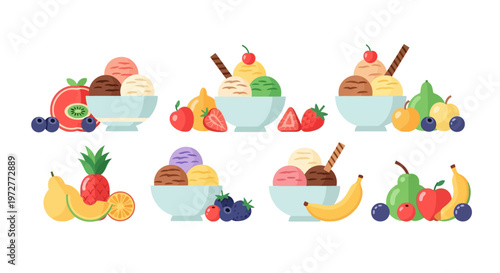 Colorful assorted fruit and ice cream bowls with fresh fruits and dessert toppings