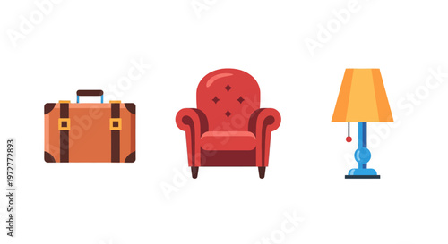 Colorful furniture set with suitcase, armchair, and lamp on white background