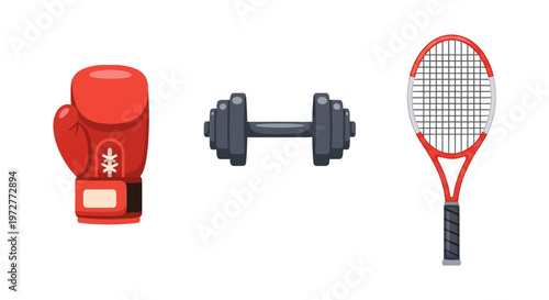 Sports equipment collection: boxing glove, dumbbell, tennis racket set