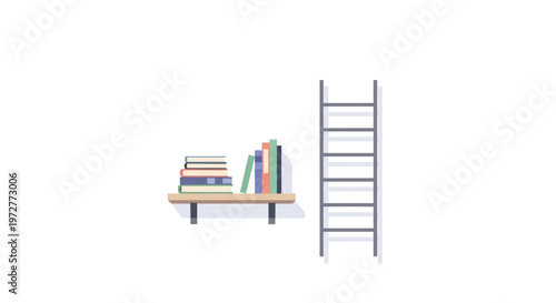 Minimalist workspace with book shelf and ladder on white background