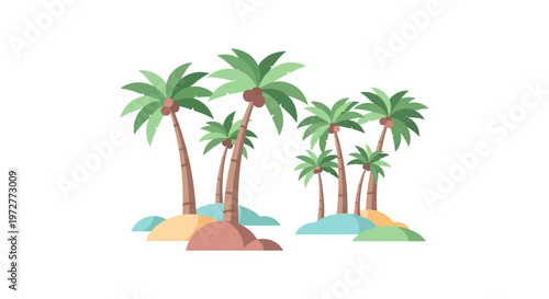 Tropical palm trees on colorful sand hills in flat design