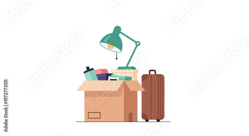 Move-in day essentials with cardboard box, desk lamp, and suitcase