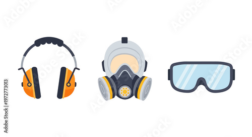 Essential safety gear icons featuring ear protection, respirator mask, and safety goggles