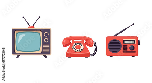 Retro communication devices: vintage tv, telephone, and radio set