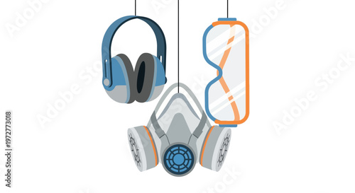 Protective equipment icons: ear muff, respirator, and goggles hanging flat design