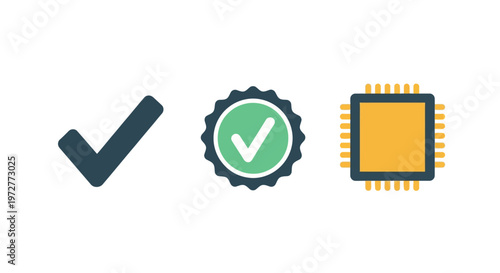 Digital icons: checkmark badge and microchip in flat style for modern interfaces