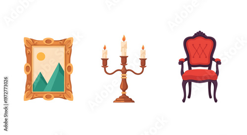 Vintage decor: elegant candle holder, art frame, antique chair