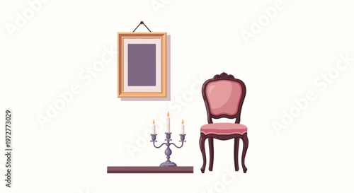 Classic interior elements with chair, candle holder, and picture frame in minimalist style