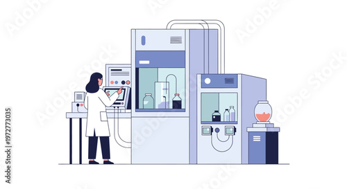 Scientist operating modern lab equipment in minimalist flat design
