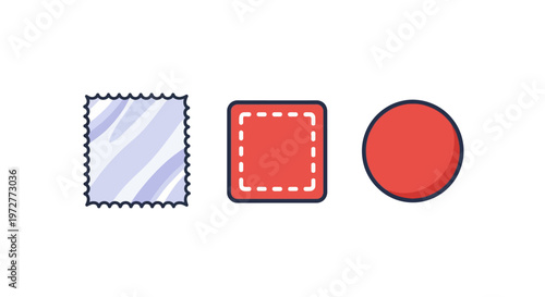 Fabric texture icons: square and round sewing elements on white background