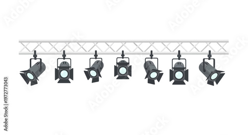 Stage lighting equipment on suspended rail with spotlights in flat design