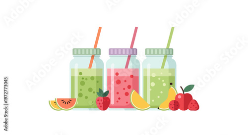 Colorful smoothies in mason jars with fresh fruits on a white background