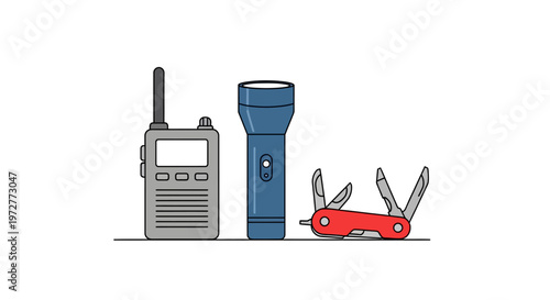 Essential camping tools in minimalist style: flashlight, radio, and multi tool