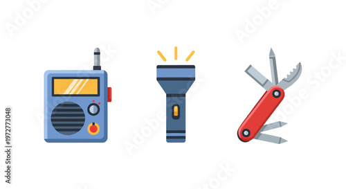 Emergency tools: portable radio, flashlight, multi tool in flat design