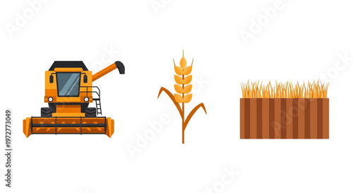 Modern agricultural equipment and wheat symbols for farming design