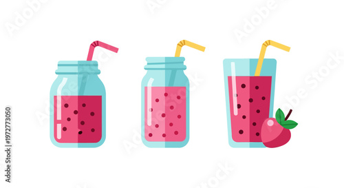 Refreshing berry smoothie jars and glass with straws in flat style